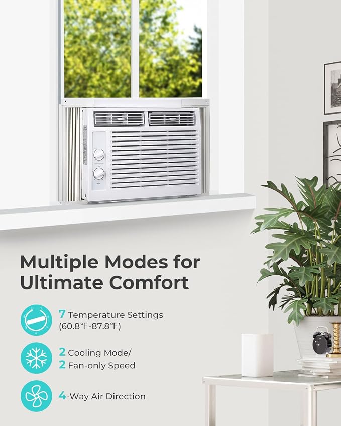 5000 BTU Window Air Conditioner AC Unit, Cool up to 150 Sq.Ft., Adjustable Cooling & Fan Modes, Install Kit, Energy Saving