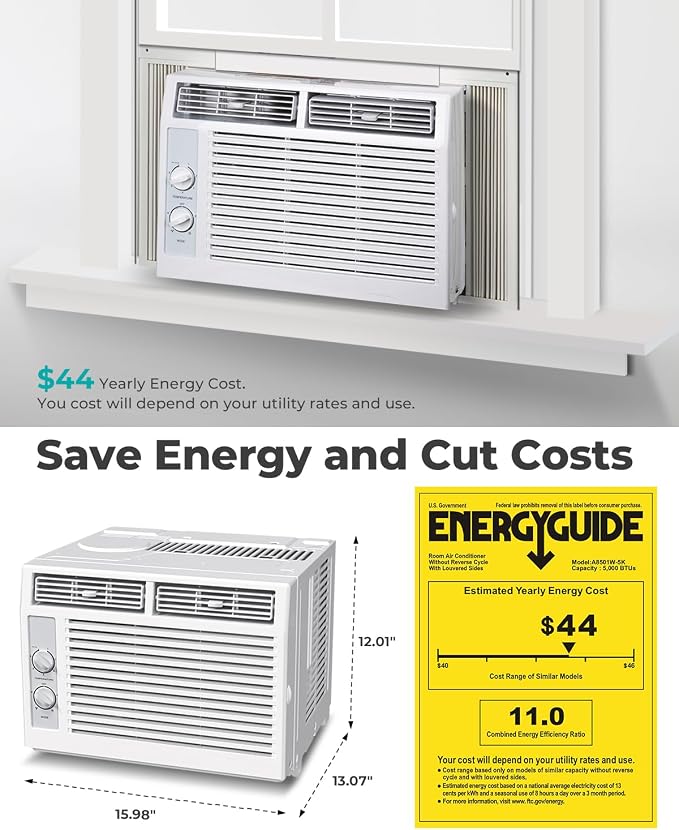 5000 BTU Window Air Conditioner AC Unit, Cool up to 150 Sq.Ft., Adjustable Cooling & Fan Modes, Install Kit, Energy Saving