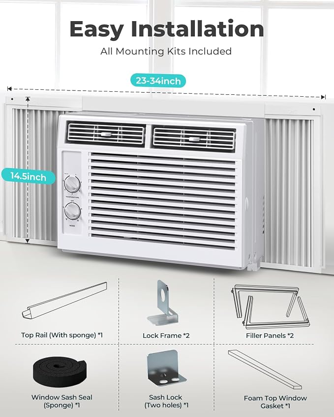 5000 BTU Window Air Conditioner AC Unit, Cool up to 150 Sq.Ft., Adjustable Cooling & Fan Modes, Install Kit, Energy Saving