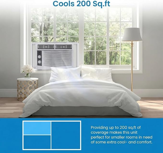 5000 BTU Window Air Conditioner, Energy Efficient Mechanical AC Unit, Cools up to 250 Sq. Ft, Built-in Dehumidifier & 2-Speed