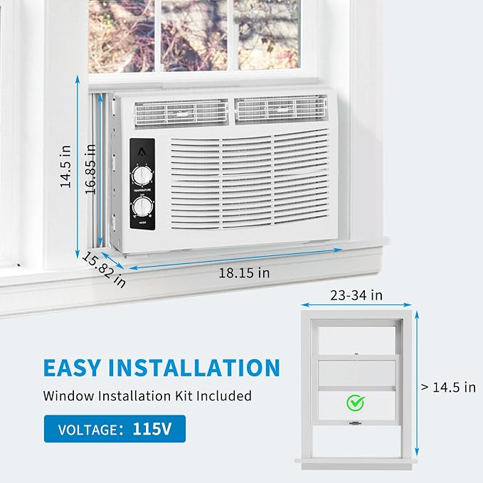 5000 BTU Window Air Conditioner, Energy Efficient Mechanical AC Unit, Cools up to 250 Sq. Ft, Built-in Dehumidifier & 2-Speed