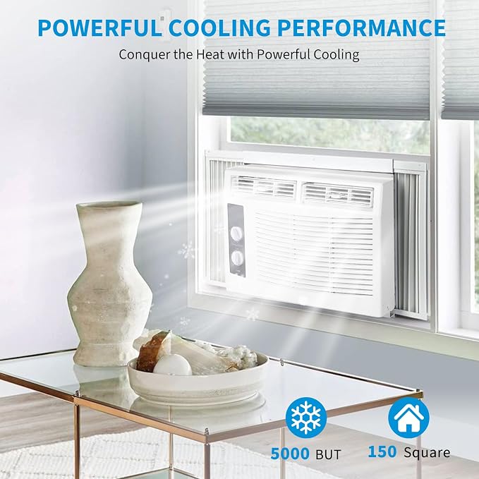 5000 BTU Window Air Conditioner Unit - Cools Rooms Up to 150 Sq.Ft., Low Noise and Energy Efficient, for Bedroom, Office