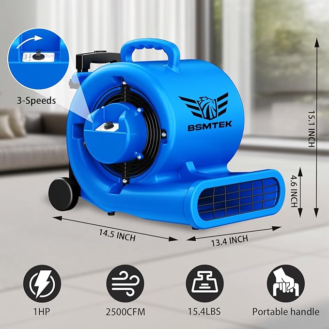 5000 CFM 1HP Air Mover Blower Fan, Floor Blower Dryer - Timer for Industria, 3 Speeds, 4 Adjustable Angles, Handle Wheelkit