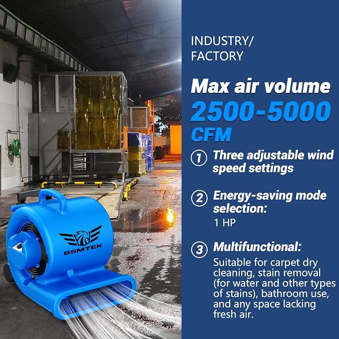 5000 CFM 1HP Air Mover Blower Fan, Floor Blower Dryer - Timer for Industria, 3 Speeds, 4 Adjustable Angles, Handle Wheelkit