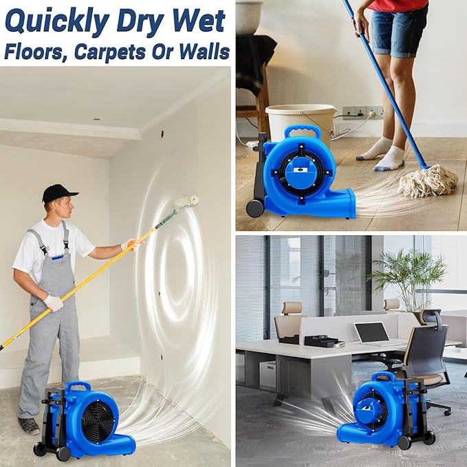 5000 CFM 1HP Air Mover Blower Fan, Floor Blower Dryer - Timer for Industria, 3 Speeds, 4 Adjustable Angles, Handle Wheelkit