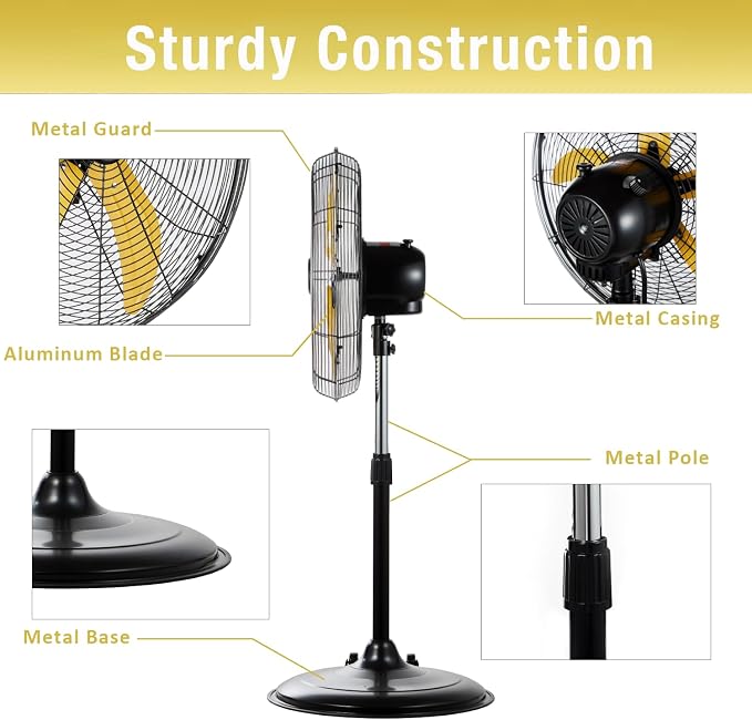 5000 CFM 20 inch High Velocity Pedestal Oscillating Fan with Powerful 1/5 Motor, 9ft Power Cord, Oscillation, Metal Body with