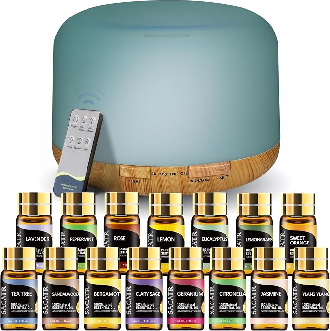 500ml Essential Oil Diffuser with 15 Essential Oils, Ultrasonic Cool Mist Humidifier, Remote Control, 4 Timers, 15 Color