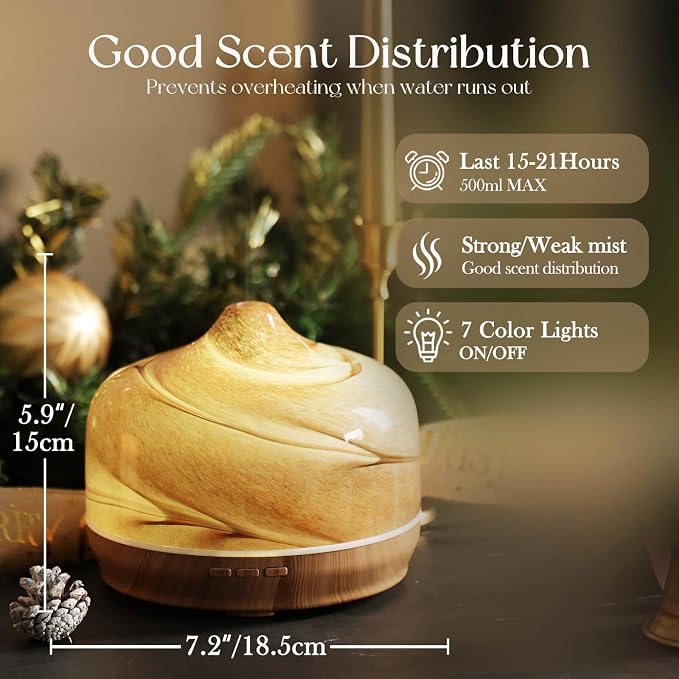 500ml Glass Essential Oil Diffuser Aromatherapy Ultrasonic Cool Mist Humidifier 15-21 Running Hours Waterless Auto-Off Air
