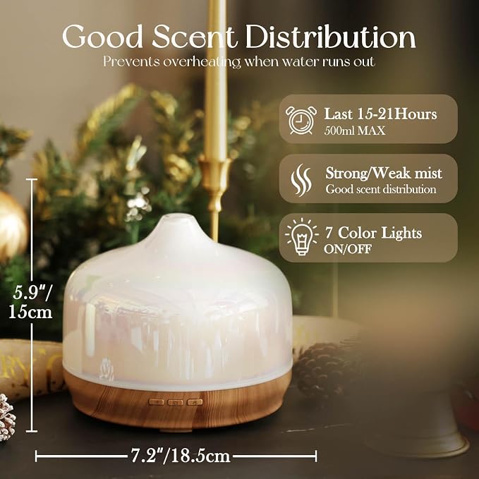500ml Glass Essential Oil Diffuser Aromatherapy Ultrasonic Cool Mist Humidifier 15-21 Running Hours Waterless Auto-Off Air