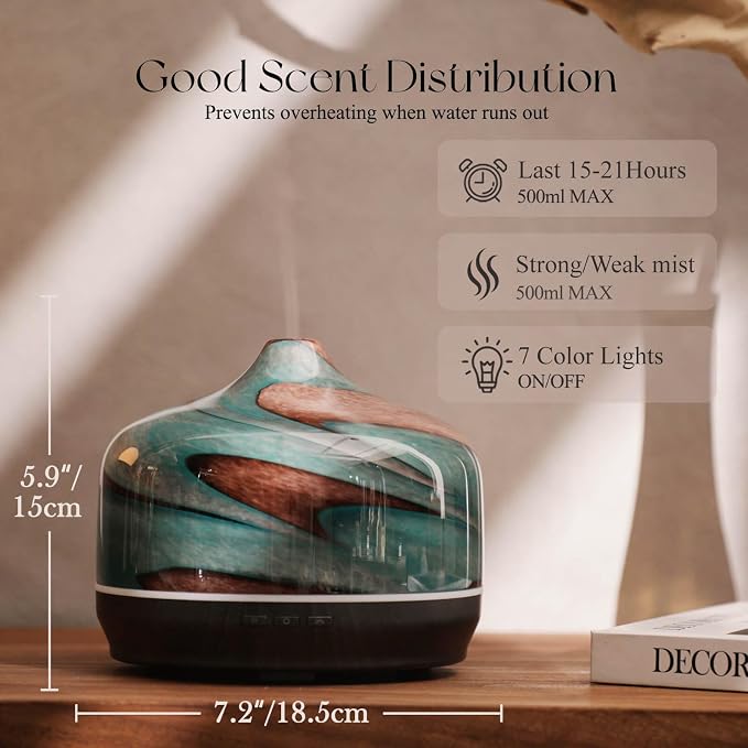 500ml Glass Essential Oil Diffuser Aromatherapy Ultrasonic Cool Mist Humidifier 15-21 Running Hours Waterless Auto-Off Air