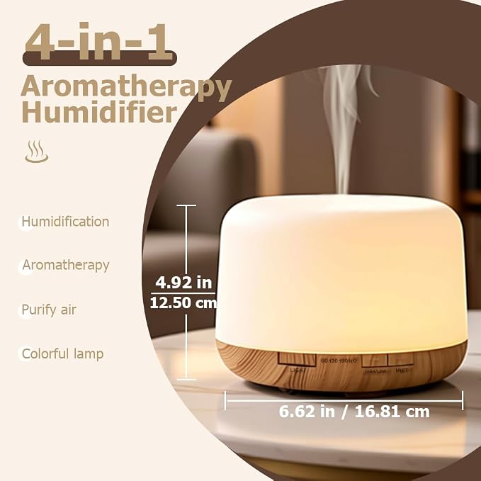 500ml Premium Essential Oil Diffuser,Quiet 4-in-1 Ultrasonic Aromatherapy Humidifier,7 Color LED Lights,with Adjustable