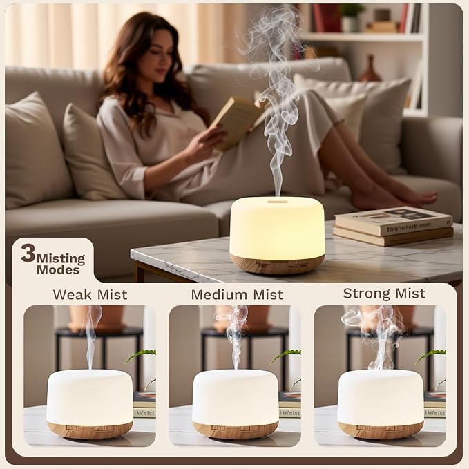 500ml Premium Essential Oil Diffuser,Quiet 4-in-1 Ultrasonic Aromatherapy Humidifier,7 Color LED Lights,with Adjustable
