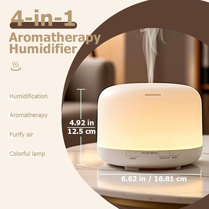 500ml Premium Essential Oil Diffuser,Quiet 4-in-1 Ultrasonic Aromatherapy Humidifier,7 Color LED Lights,with Adjustable