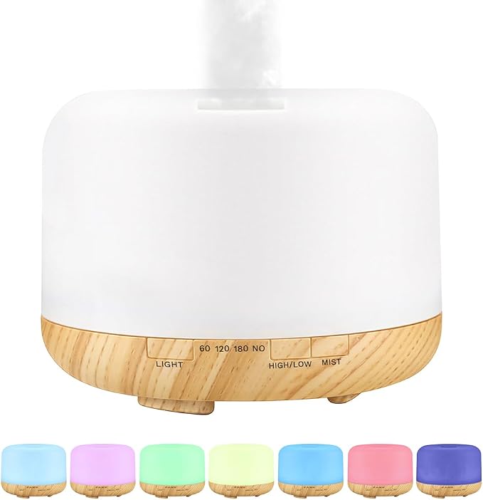 500ml Premium Essential Oil Diffuser,Quiet 4-in-1 Ultrasonic Aromatherapy Humidifier,7 Color LED Lights,with Adjustable