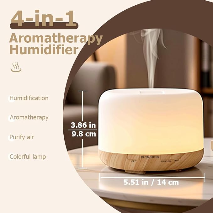 500ml Premium Essential Oil Diffuser,Quiet 4-in-1 Ultrasonic Aromatherapy Humidifier,7 Color LED Lights,with Adjustable