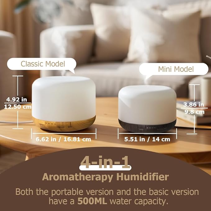 500ml Premium Essential Oil Diffuser,Quiet 4-in-1 Ultrasonic Aromatherapy Humidifier,7 Color LED Lights,with Adjustable
