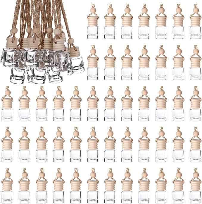50Pcs Hanging Car Air Freshener Diffuser with Wooden Caps 8ML Empty Clear Car Diffuser Bottles Hanging Glass Essential