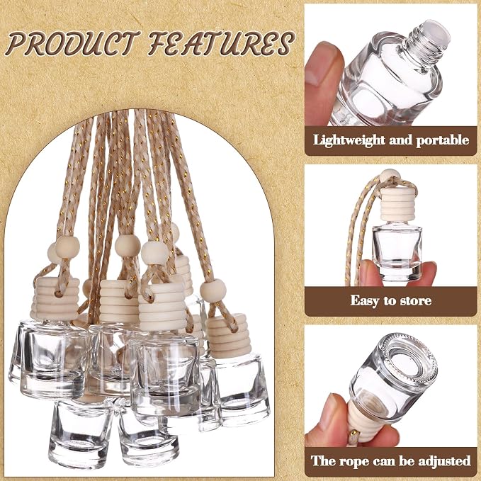 50Pcs Hanging Car Air Freshener Diffuser with Wooden Caps 8ML Empty Clear Car Diffuser Bottles Hanging Glass Essential