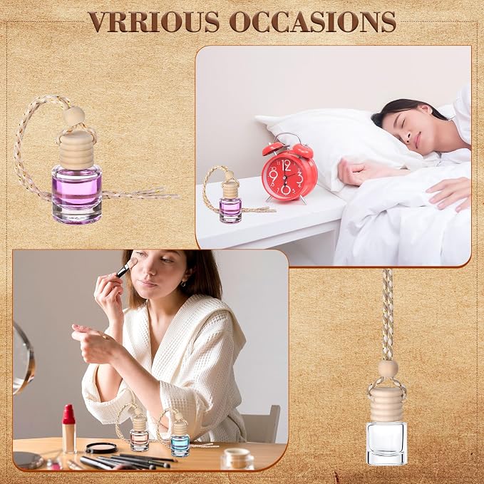 50Pcs Hanging Car Air Freshener Diffuser with Wooden Caps 8ML Empty Clear Car Diffuser Bottles Hanging Glass Essential