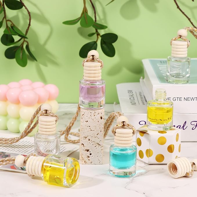 50Pcs Hanging Car Air Freshener Diffuser with Wooden Caps 8ML Empty Clear Car Diffuser Bottles Hanging Glass Essential