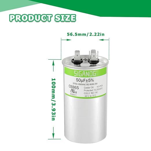50uF 50 MFD 370V or 450V CBB65 Run Start Capacitor 50 uF 370 450 Volt VAC for Condenser Straight Cool or Heat Pump Air