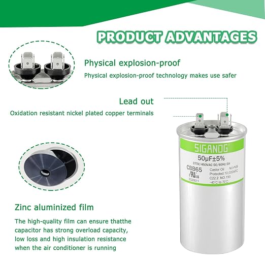 50uF 50 MFD 370V or 450V CBB65 Run Start Capacitor 50 uF 370 450 Volt VAC for Condenser Straight Cool or Heat Pump Air