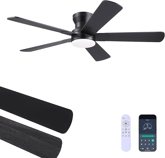 52" Black Ceiling Fans with Lights and Remote - Flush Mount Fan Light with 5 Reversible Blades, 3CCT Dimmable, DC, Low