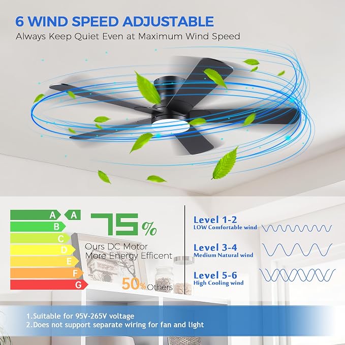 52" Black Ceiling Fans with Lights and Remote - Flush Mount Fan Light with 5 Reversible Blades, 3CCT Dimmable, DC, Low
