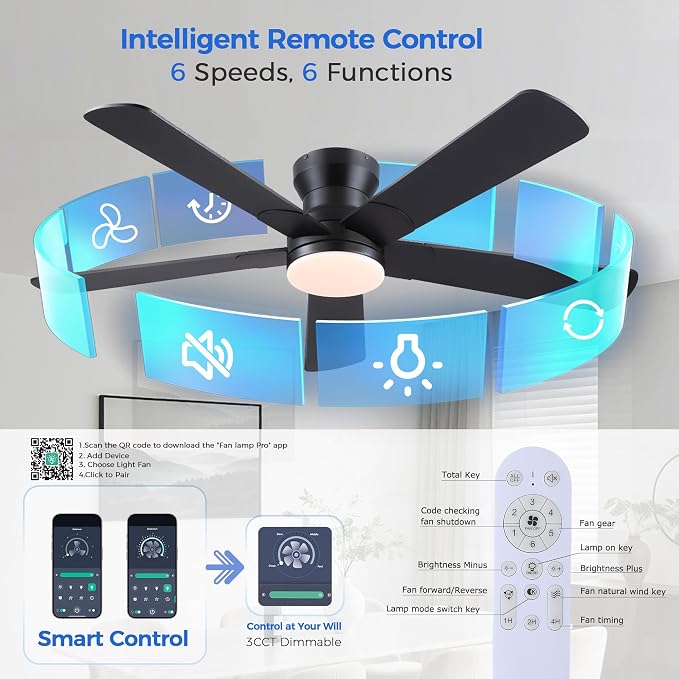 52" Black Ceiling Fans with Lights and Remote - Flush Mount Fan Light with 5 Reversible Blades, 3CCT Dimmable, DC, Low