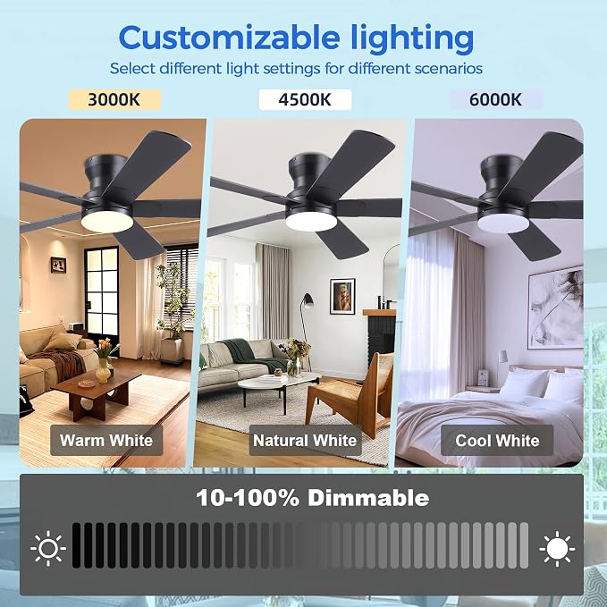 52" Black Ceiling Fans with Lights and Remote - Flush Mount Fan Light with 5 Reversible Blades, 3CCT Dimmable, DC, Low