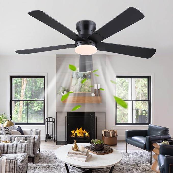 52" Black Ceiling Fans with Lights and Remote - Flush Mount Fan Light with 5 Reversible Blades, 3CCT Dimmable, DC, Low