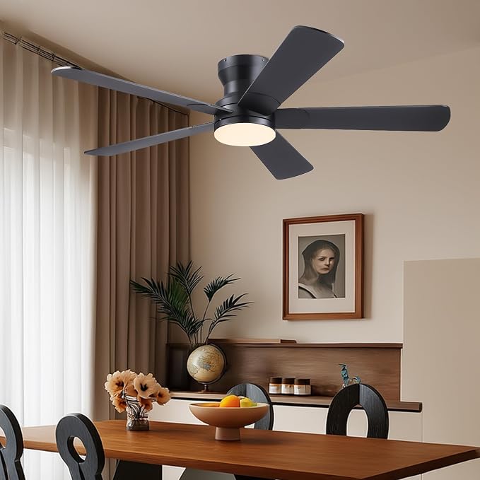 52" Black Ceiling Fans with Lights and Remote - Flush Mount Fan Light with 5 Reversible Blades, 3CCT Dimmable, DC, Low