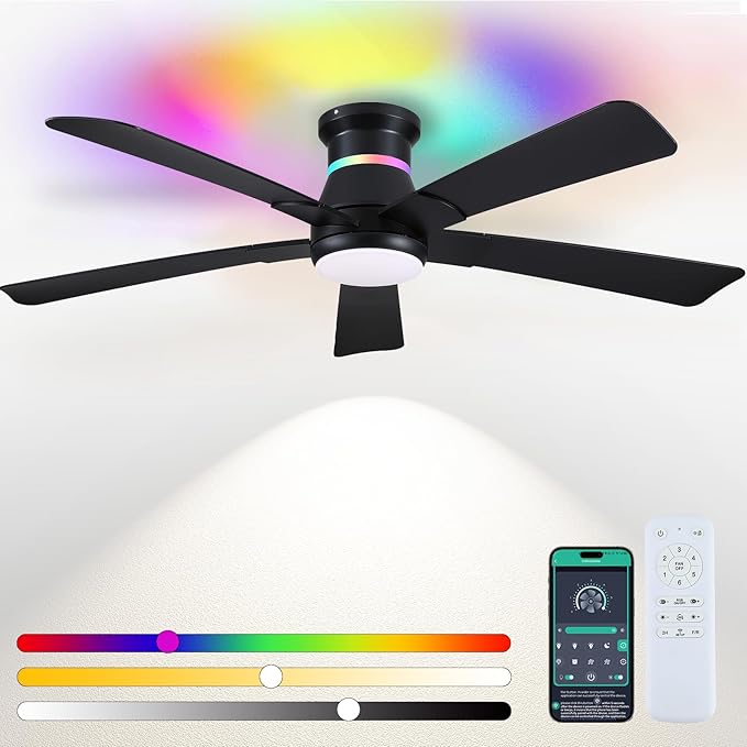52" Black Ceiling Fans with RGB Lights - Flush Mount Ceiling Fan Light with LED 3CCT Dimmable, Modern Low Profile Ceiling