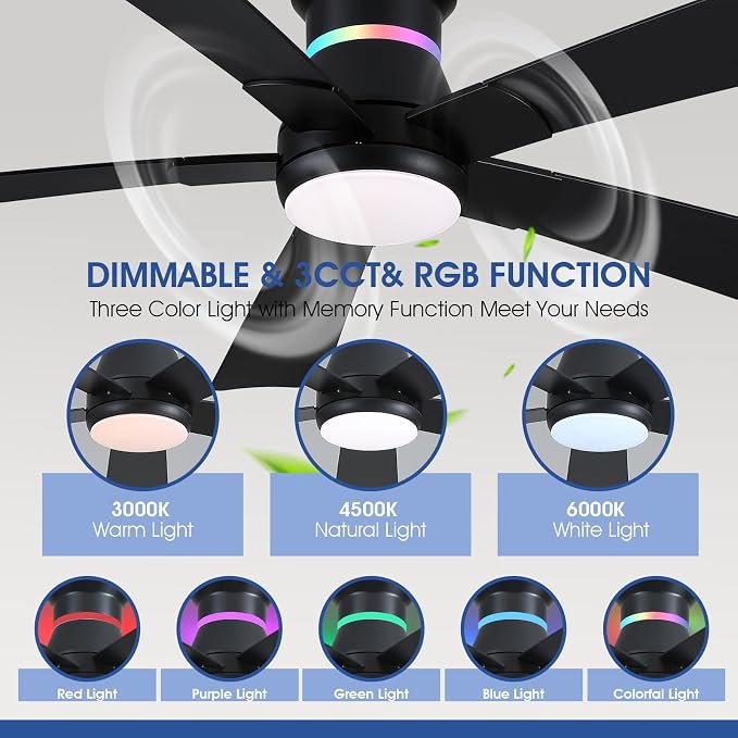 52" Black Ceiling Fans with RGB Lights - Flush Mount Ceiling Fan Light with LED 3CCT Dimmable, Modern Low Profile Ceiling