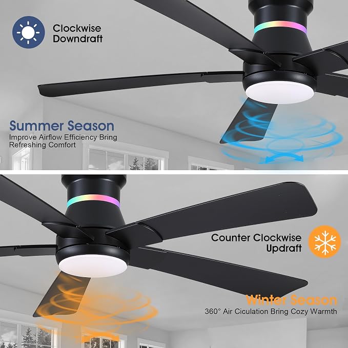 52" Black Ceiling Fans with RGB Lights - Flush Mount Ceiling Fan Light with LED 3CCT Dimmable, Modern Low Profile Ceiling