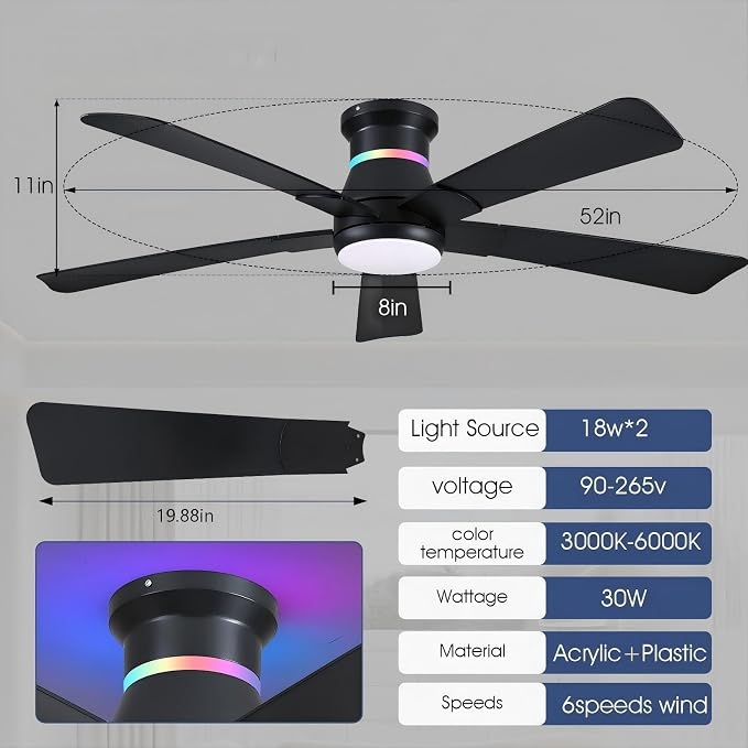 52" Black Ceiling Fans with RGB Lights - Flush Mount Ceiling Fan Light with LED 3CCT Dimmable, Modern Low Profile Ceiling