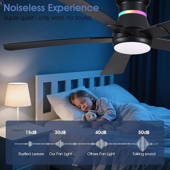 52" Black Ceiling Fans with RGB Lights - Flush Mount Ceiling Fan Light with LED 3CCT Dimmable, Modern Low Profile Ceiling