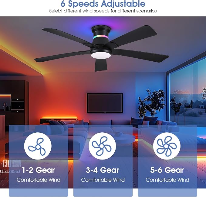 52" Black Ceiling Fans with RGB Lights - Flush Mount Ceiling Fan Light with LED 3CCT Dimmable, Modern Low Profile Ceiling