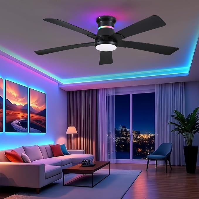 52" Black Ceiling Fans with RGB Lights - Flush Mount Ceiling Fan Light with LED 3CCT Dimmable, Modern Low Profile Ceiling