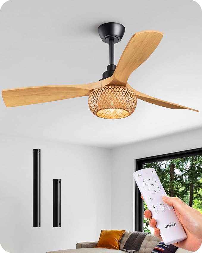 52" Boho Ceiling Fans with Lights, Wickerwork Cage & 3-ABS Blades, 10%-100% Dimmable, 1/2/4/6H Timer, Remote Control, 6