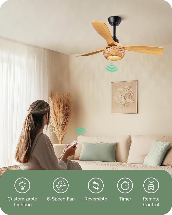52" Boho Ceiling Fans with Lights, Wickerwork Cage & 3-ABS Blades, 10%-100% Dimmable, 1/2/4/6H Timer, Remote Control, 6