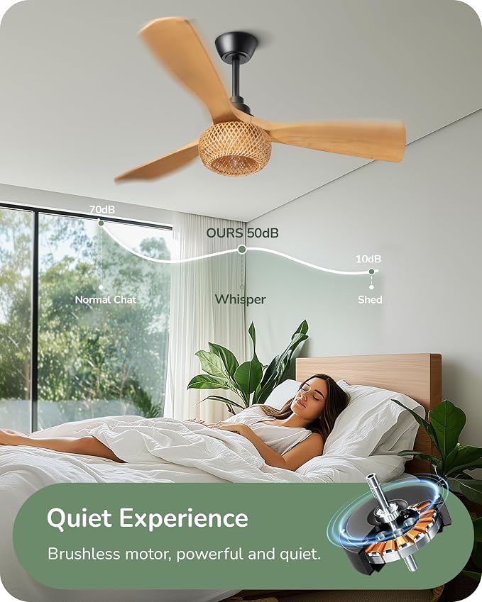 52" Boho Ceiling Fans with Lights, Wickerwork Cage & 3-ABS Blades, 10%-100% Dimmable, 1/2/4/6H Timer, Remote Control, 6