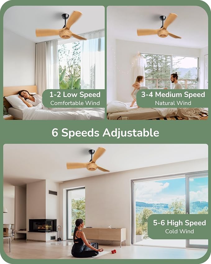 52" Boho Ceiling Fans with Lights, Wickerwork Cage & 3-ABS Blades, 10%-100% Dimmable, 1/2/4/6H Timer, Remote Control, 6