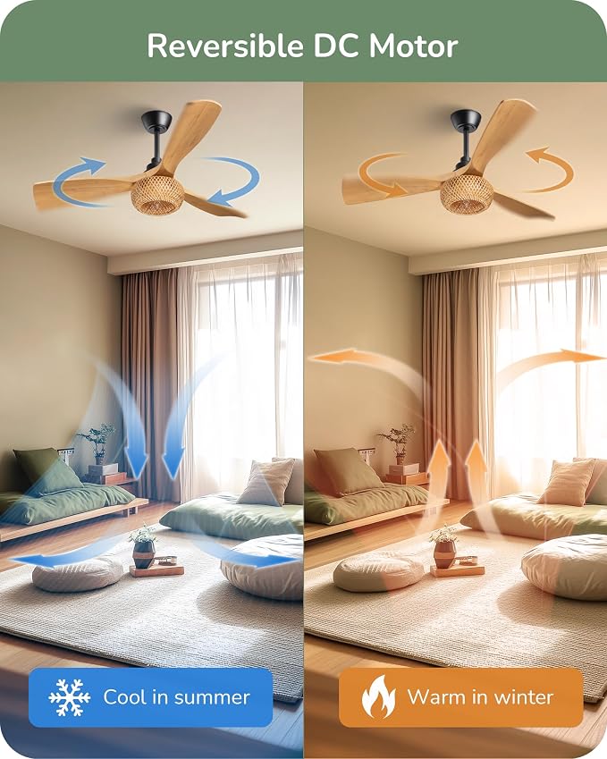 52" Boho Ceiling Fans with Lights, Wickerwork Cage & 3-ABS Blades, 10%-100% Dimmable, 1/2/4/6H Timer, Remote Control, 6