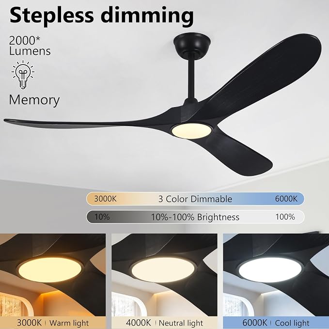 52" Ceiling Fan with Light and Remote, 6-Speed Dimmable Outdoor Ceiling Fan, High CFM Quiet 3 Blade Wood Ceiling Fan, Modern