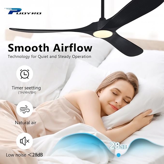 52" Ceiling Fan with Light and Remote, 6-Speed Dimmable Outdoor Ceiling Fan, High CFM Quiet 3 Blade Wood Ceiling Fan, Modern