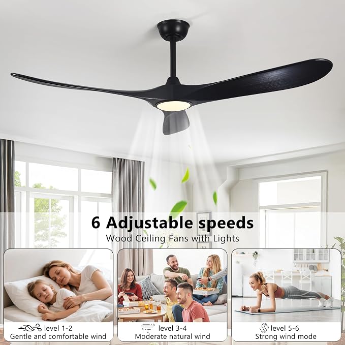 52" Ceiling Fan with Light and Remote, 6-Speed Dimmable Outdoor Ceiling Fan, High CFM Quiet 3 Blade Wood Ceiling Fan, Modern