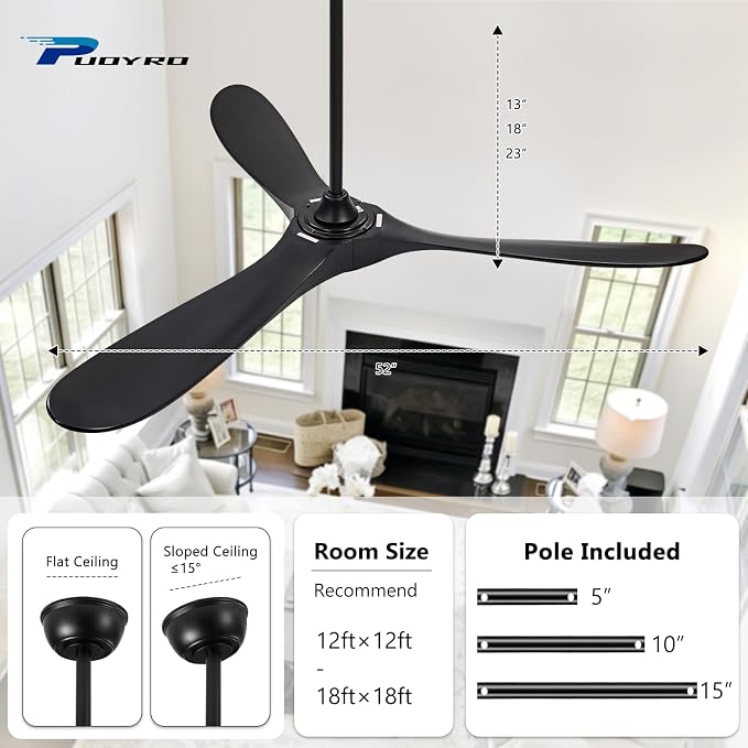 52" Ceiling Fan with Light and Remote, 6-Speed Dimmable Outdoor Ceiling Fan, High CFM Quiet 3 Blade Wood Ceiling Fan, Modern