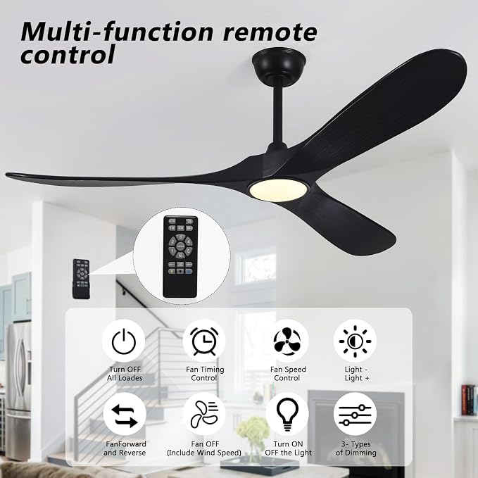 52" Ceiling Fan with Light and Remote, 6-Speed Dimmable Outdoor Ceiling Fan, High CFM Quiet 3 Blade Wood Ceiling Fan, Modern