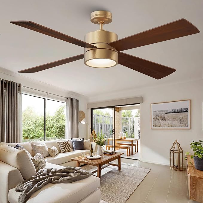 52" Ceiling Fan with Light and Remote, Bronze Modern Ceiling Fan, ReversibleDC Motor, Walnut/White Blades, Dimmable LED for